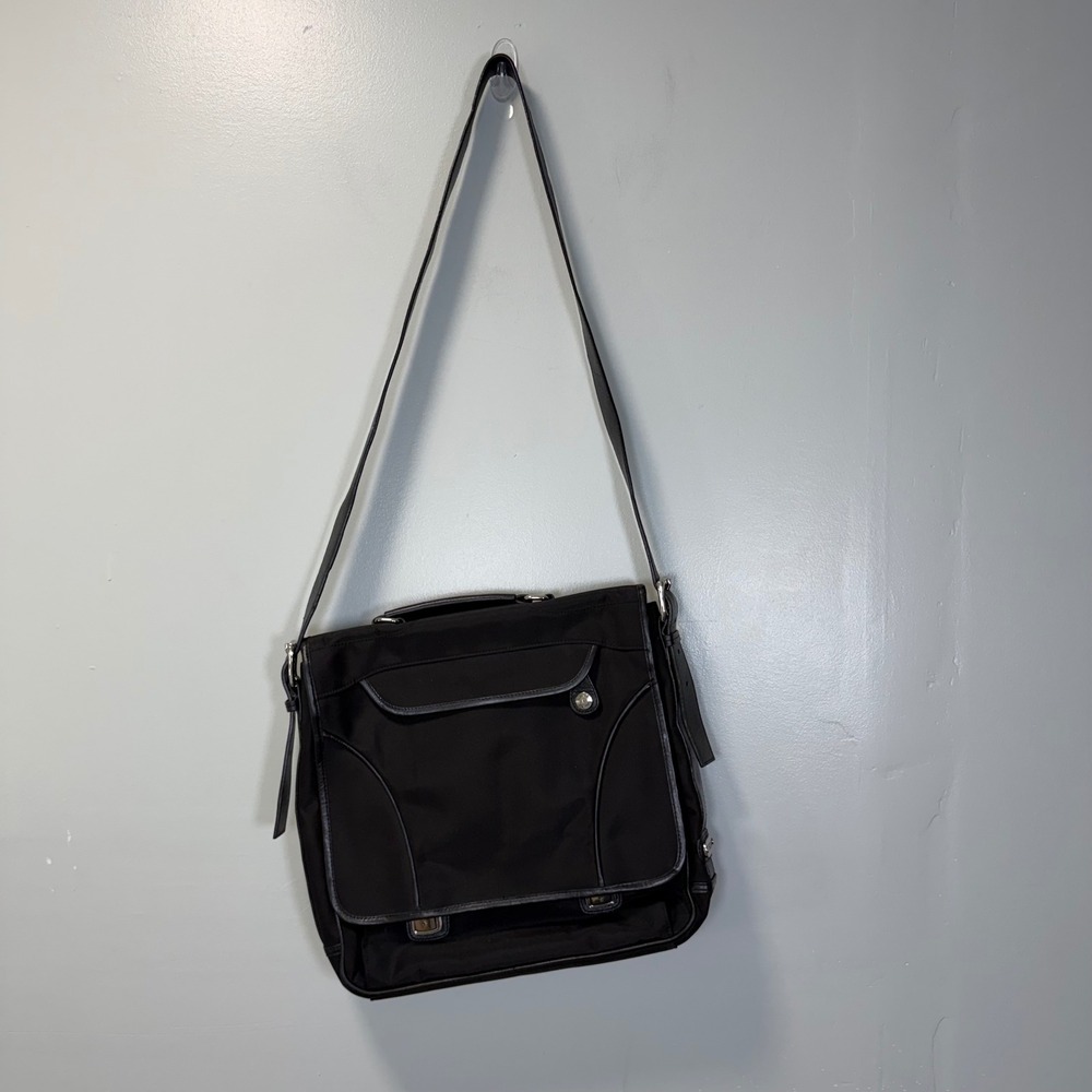 Perlina‎ New York Black Nylon Leather Trim Messenger Bag Crossbody Adjustable